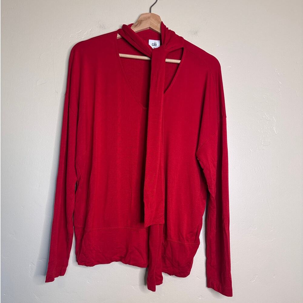 CABI Tess Knit Long Sleeve Firebrick Red Stretch Tie V-Neck Blouse Medium
